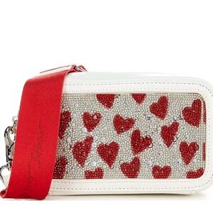 NEW Betsey Johnson RHINESTONE Heart Crossbody CAMERA BAG In Red/White/Silver